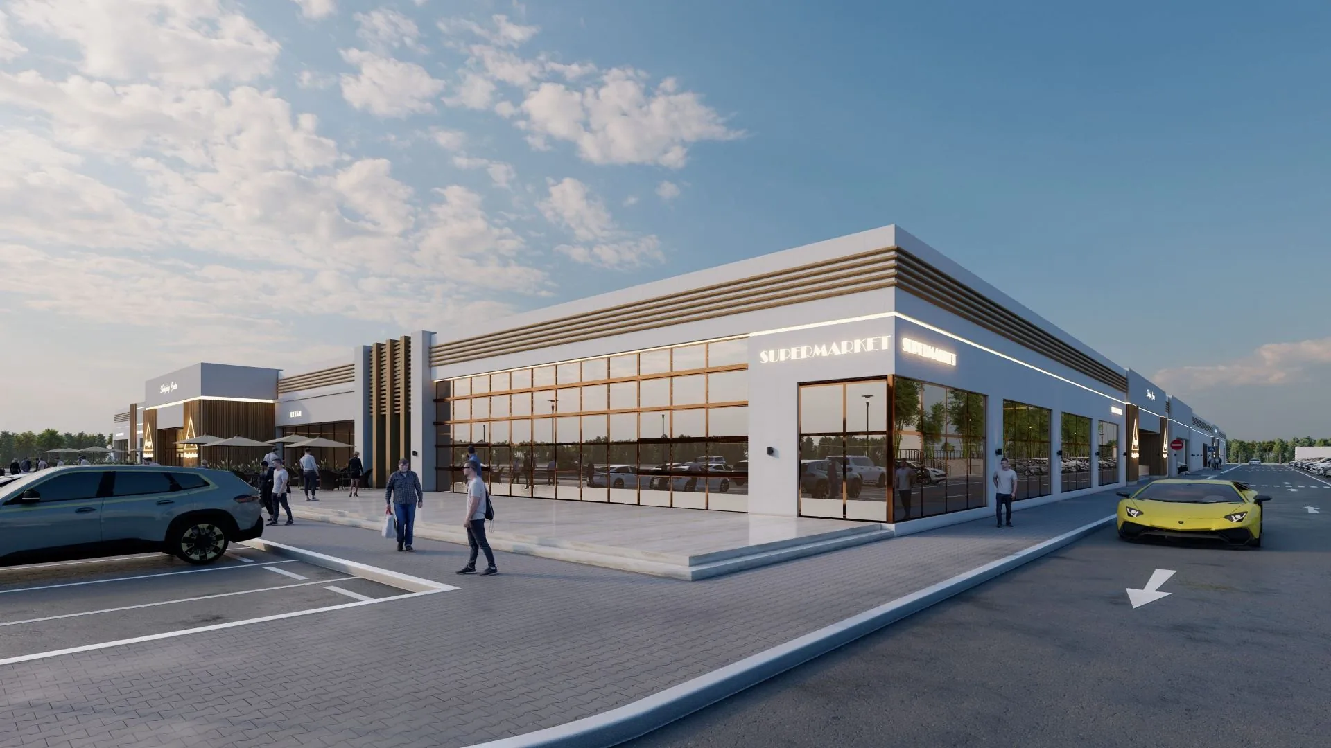 Mizn Avenue retail centre façade at dusk — 90 ground-floor shops for lease in Al Mizn 4, Abu Dhabi